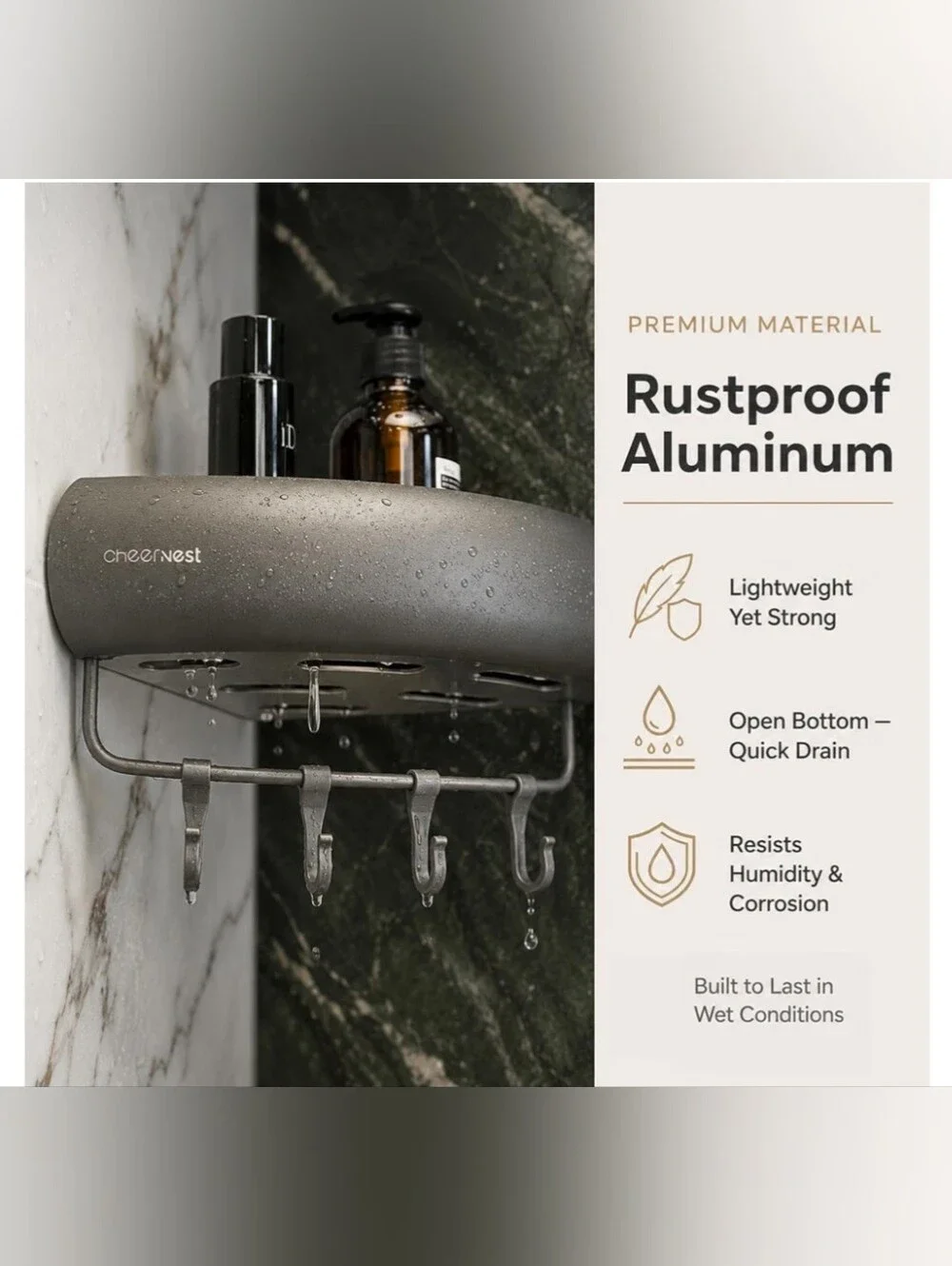 Gray Suction Shower Caddy Organizer - Wall Mounted Bathroom Shelf